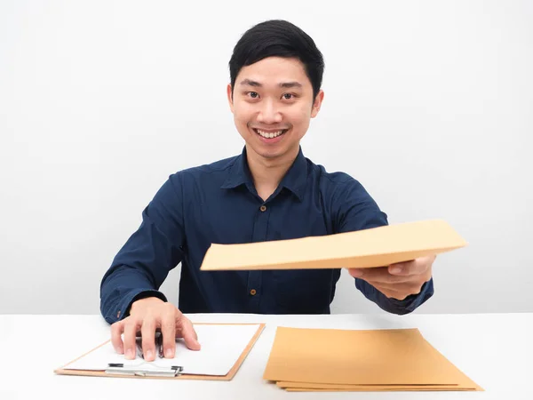 Asian Man Give Document Envolope You Happy Emotion Smile Face — Stock fotografie