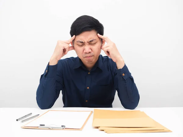 Asian Man Feeling Headache His Work Many Document Table — Fotografia de Stock