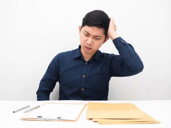 Man Feeling Headache Many Document Envolope Table White Background — Fotografia de Stock