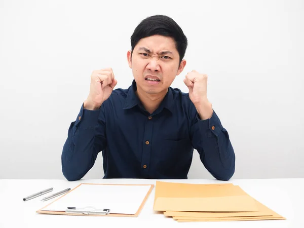 Man Sitting Table Many Document Envolope Feeling Angry Emotion — Fotografia de Stock