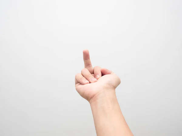 Man hand show middle finger on white background