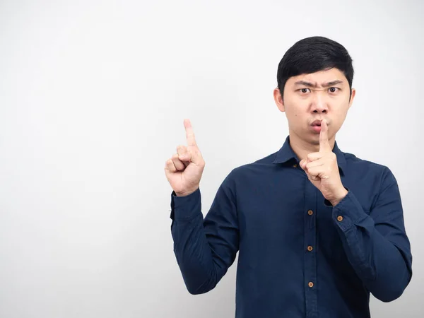 Man Serious Face Gesture Shh Point Finger Copy Space White — 图库照片