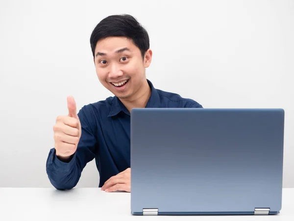 Businessman Sit Workplace Laptop Show Thumb Smile White Background — Photo