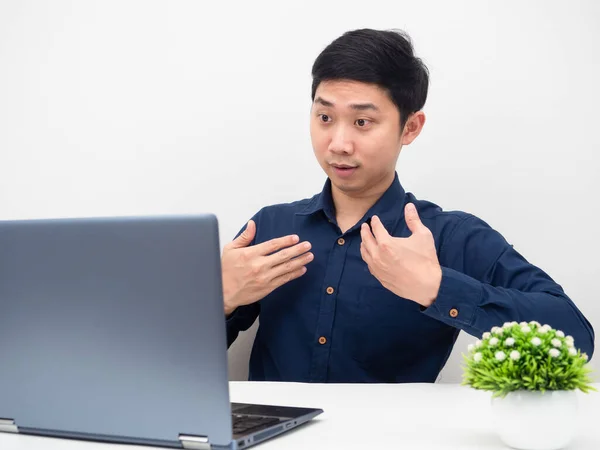 Man Gesture Explain His Work Online Laptop Table White Background —  Fotos de Stock