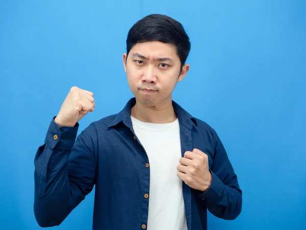 Man Confident Show Fist Blue Background — Fotografia de Stock