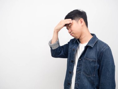 Side view man hold hand at head feeling strain and headache