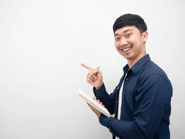 Side View Asian Man Holding Diary Book Point Finger Copy — Stockfoto