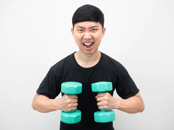 Asian Man Dumbbell Feeling Joyful Exercise — Foto de Stock