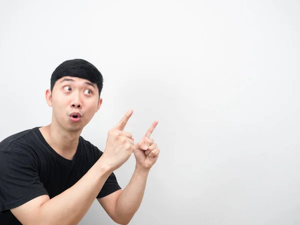 Asian Man Excited Emotion Double Finger Copy Sapce — Stock fotografie