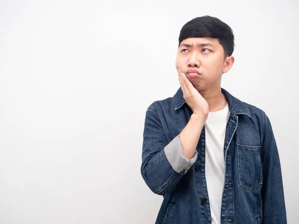 Asian Man Jean Shirt Feeling Toothache Touch His Cheek Looking — Fotografia de Stock