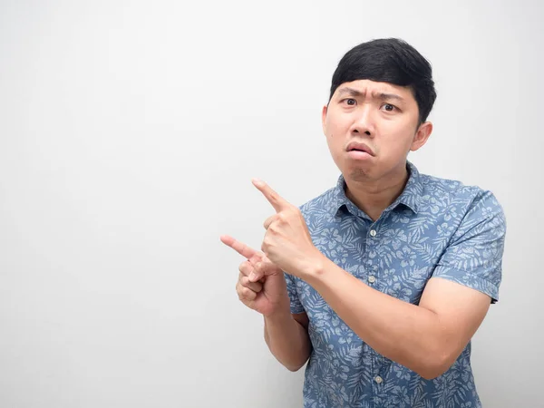 Man Confused Face Point Double Finger Copy Space — Stockfoto