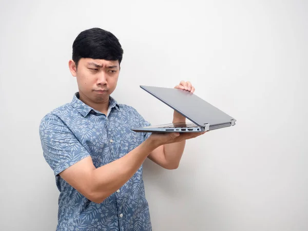 Asian Man Blue Shirt Half Open Laptop Hand Gesture Spying — Zdjęcie stockowe
