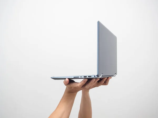 Side View Hand Holding Laptop Isolated White — Zdjęcie stockowe