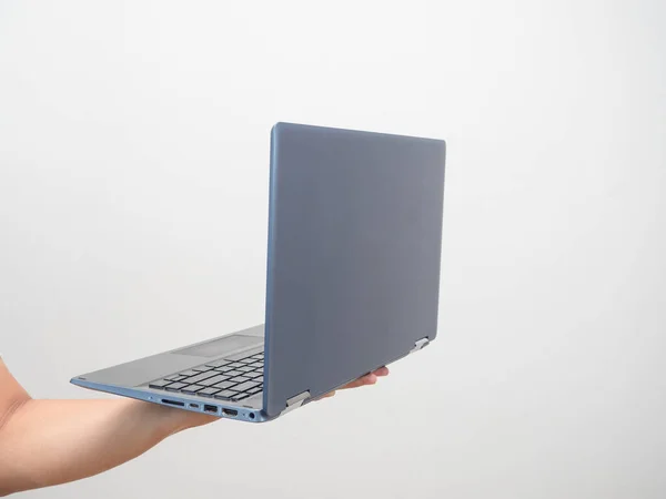 Close Hand Holding Laptop Isolated White — Zdjęcie stockowe