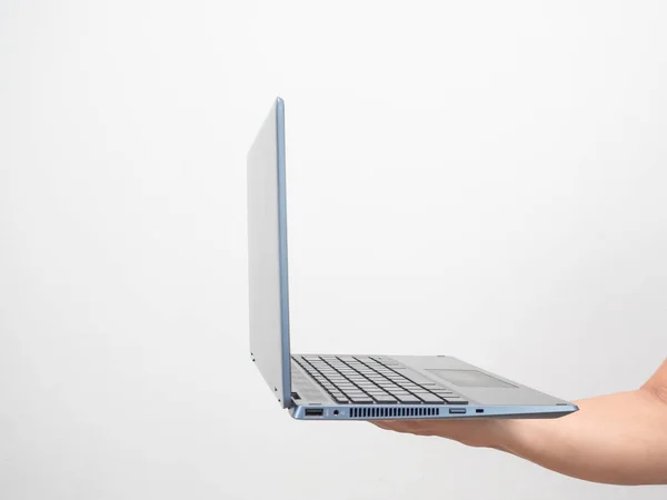 Close Hand Holding Laptop Isolated White Side View — Zdjęcie stockowe