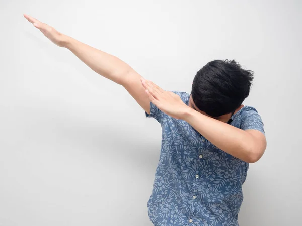 Man Blue Shirt Gesture Dabbing Dance White Isolated — Stock fotografie