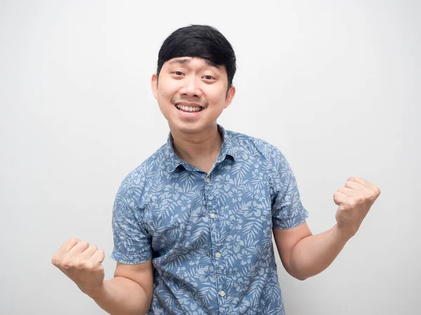 Asian Man Blue Shirt Gesture Satisfy Happy Emotion Fist — Zdjęcie stockowe