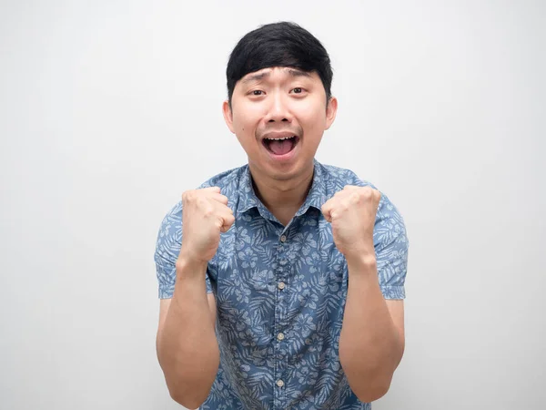 Asian Man Blue Shirt Gesture Satisfy Happy Emotion Fist Portrait — Zdjęcie stockowe