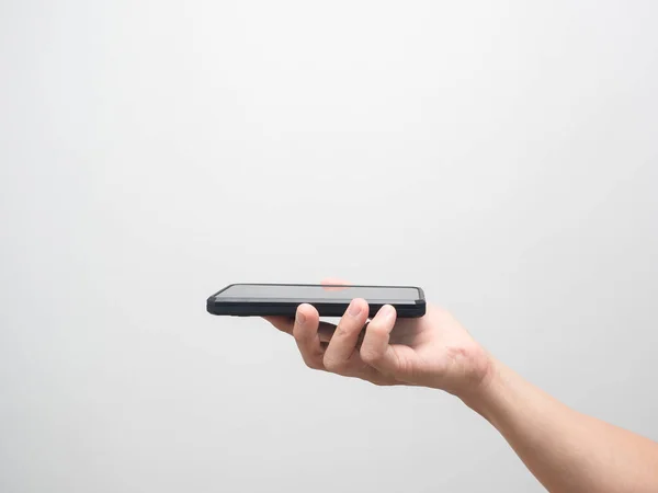 El ele tutuşan cep telefonu ekranı beyaz izole edildi