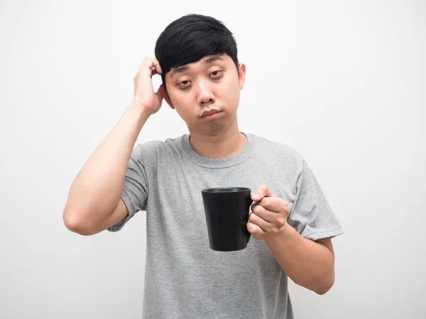Man Scratch Head Holding Coffee Cup Feel Sleepy Man Sleepless — Stockfoto
