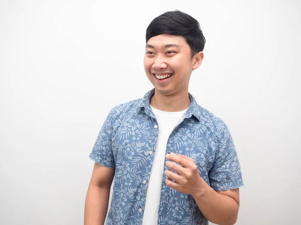 Asian Man Handsome Blue Shirt Cheerful Smile Gesture Happy Dancing — Fotografia de Stock