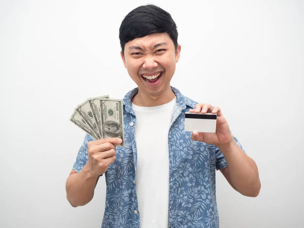 Man Showing Money Credit Card Hand Smiling Face Feel Happy — Stock Photo, Image