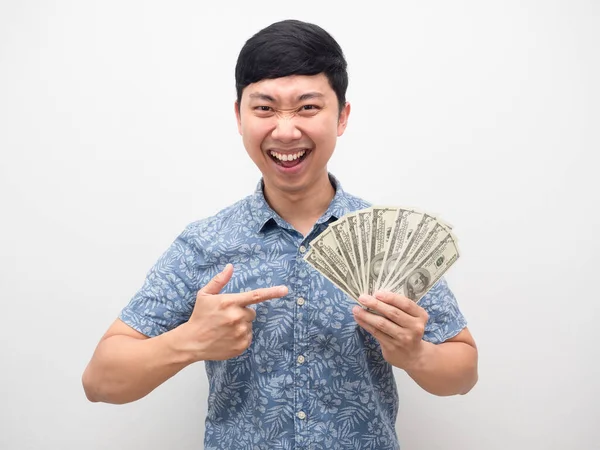 Asian Man Happiness Point Finger Lot Money Hand Isolated — Stock Photo, Image