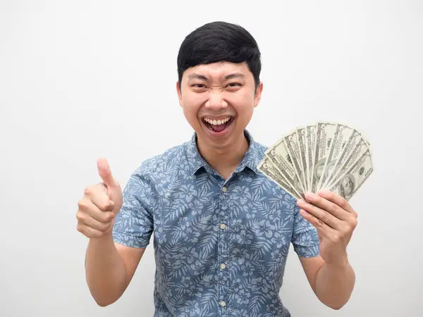 Asian Man Happiness Thumb Holding Lot Money Hand Isolated — Stock Photo, Image