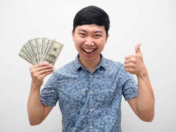 Cheerful Man Happiness Thumb Holding Lot Money Hand Isolated — Stock Photo, Image