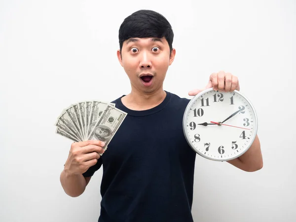 Man Excited Emotion Holding Analog Clock Lot Money Hand — Zdjęcie stockowe