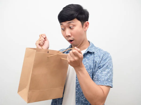 Man Blue Shirt Open Shopping Bag Feel Shocked Amazed Emotion — Stock fotografie