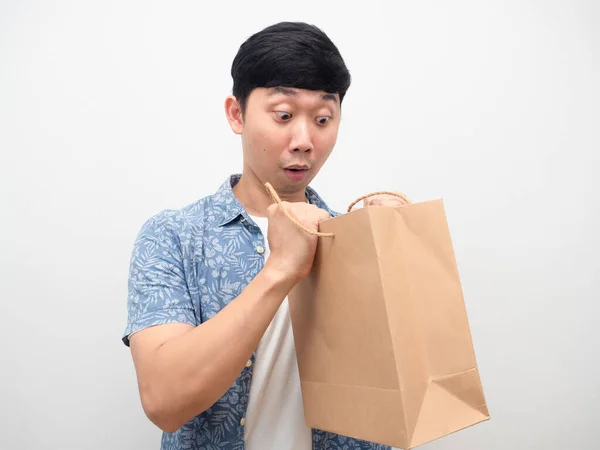 Man Feel Excited Looking Shopping Bag Hand — Stock fotografie