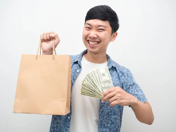 Asian Man Happiness Shopping Cheerful Man Holding Lot Money Shopping — Stock Photo, Image