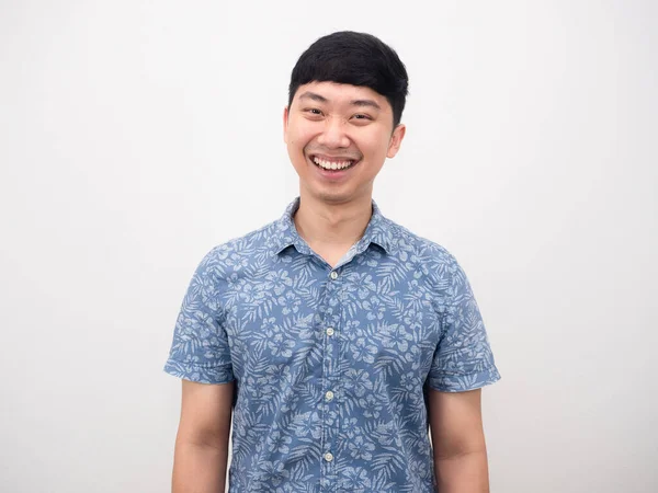 Asian Man Blue Shirt Smiling Portrait White Background —  Fotos de Stock