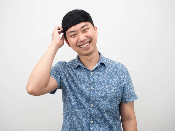 Asian Man Happy Emotion Smile Gesture Shy Touch His Head — Fotografia de Stock