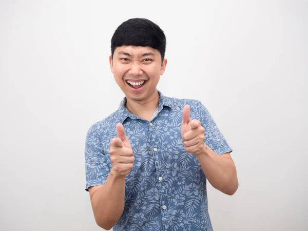 Asian Man Blue Shirt Funny Emotion Smiling Gesture Point Finger — Zdjęcie stockowe