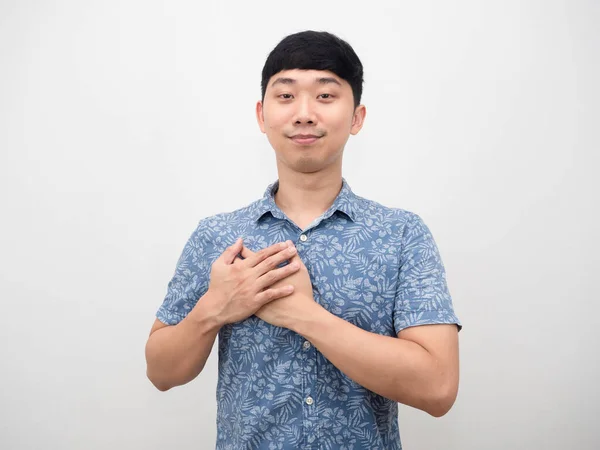 Asian Man Blue Shirt Cheerful Touch His Chest Feeling Hopeful —  Fotos de Stock