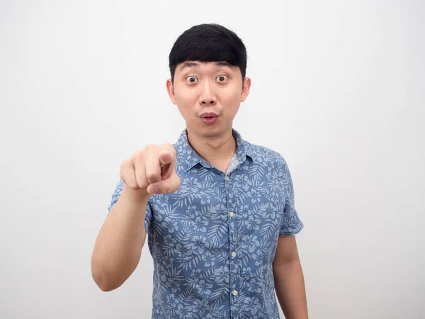 Asian Man Blue Shirt Happy Smile Gesture Point Finger You — 스톡 사진