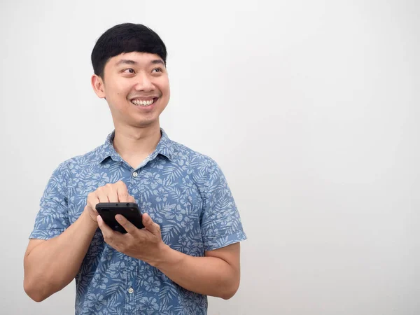 Man Blue Shirt Holding Mobile Phone Happy Smile Looking Copy — Stockfoto