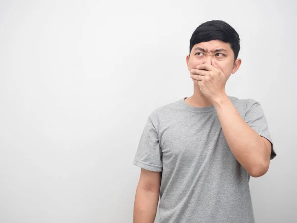 Asian Man Gesture Close His Nose Feeling Smelly Looking Copy — Fotografia de Stock