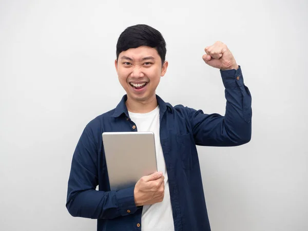 Man Happy Emotion Holding Tablet Show Fist Success Man Concept — Stock fotografie
