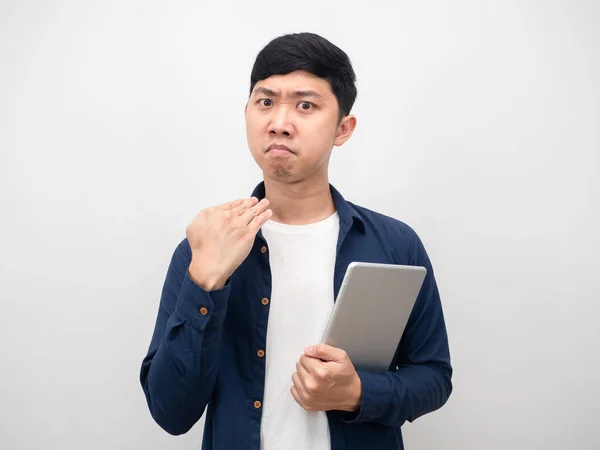 Man Holding Tablet Serious Face Gesture Cut His Neck — ストック写真