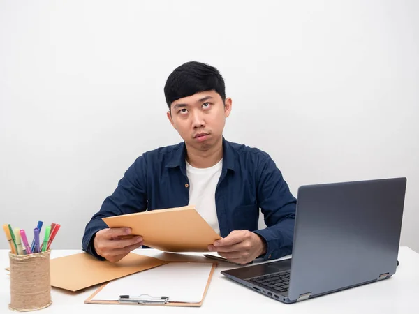 Male Employee Sitting Office Workplace Holding Docement Feel Bored Work — Stockfoto