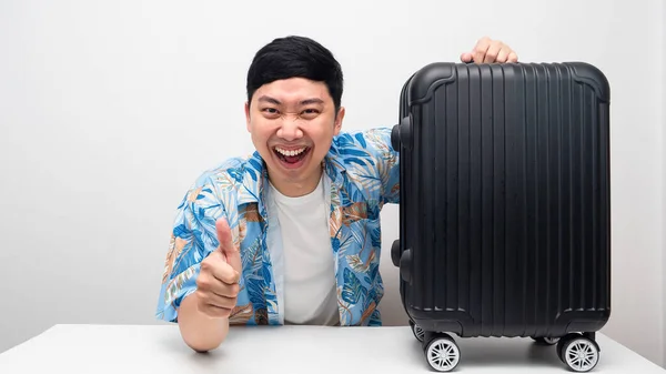 Cheerful Man Blue Shirt Thumb Luggage Vacation Trip Concept — Foto Stock