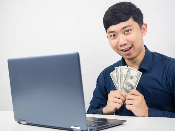 Man Laptop Happy Emotion Holding Money Hand —  Fotos de Stock