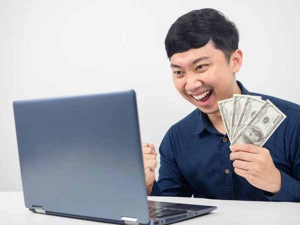 Man Sitting Looking Laptop Happy Emotion Earn Money — 图库照片