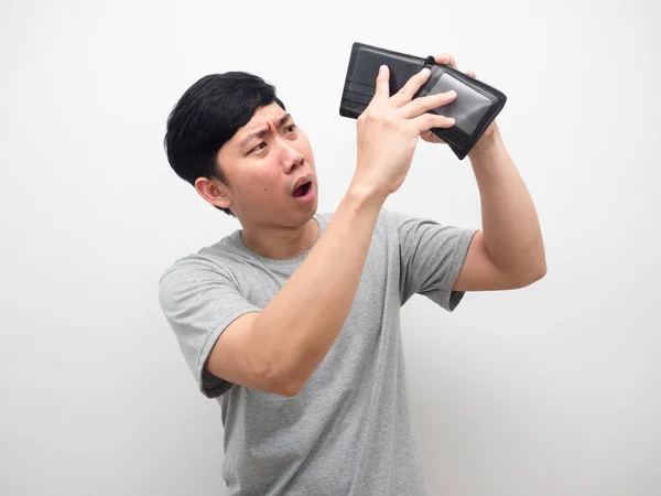 Poor man gesture find money in his wallet feel strain