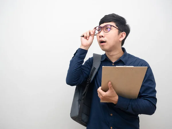Man Wearing Glasses Holding Document Board Feel Excited Looking Copy — 图库照片