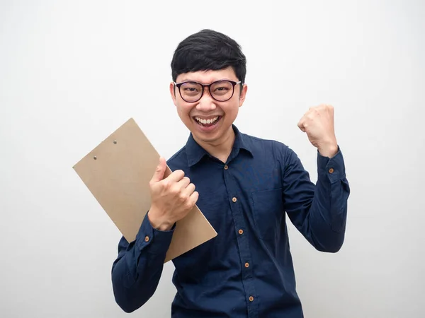 Asian Businessman Document Board Cheerful Fist Successful — Stock fotografie