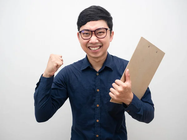 Asian Businessman Document Board Cheerful Fist Successful — 스톡 사진